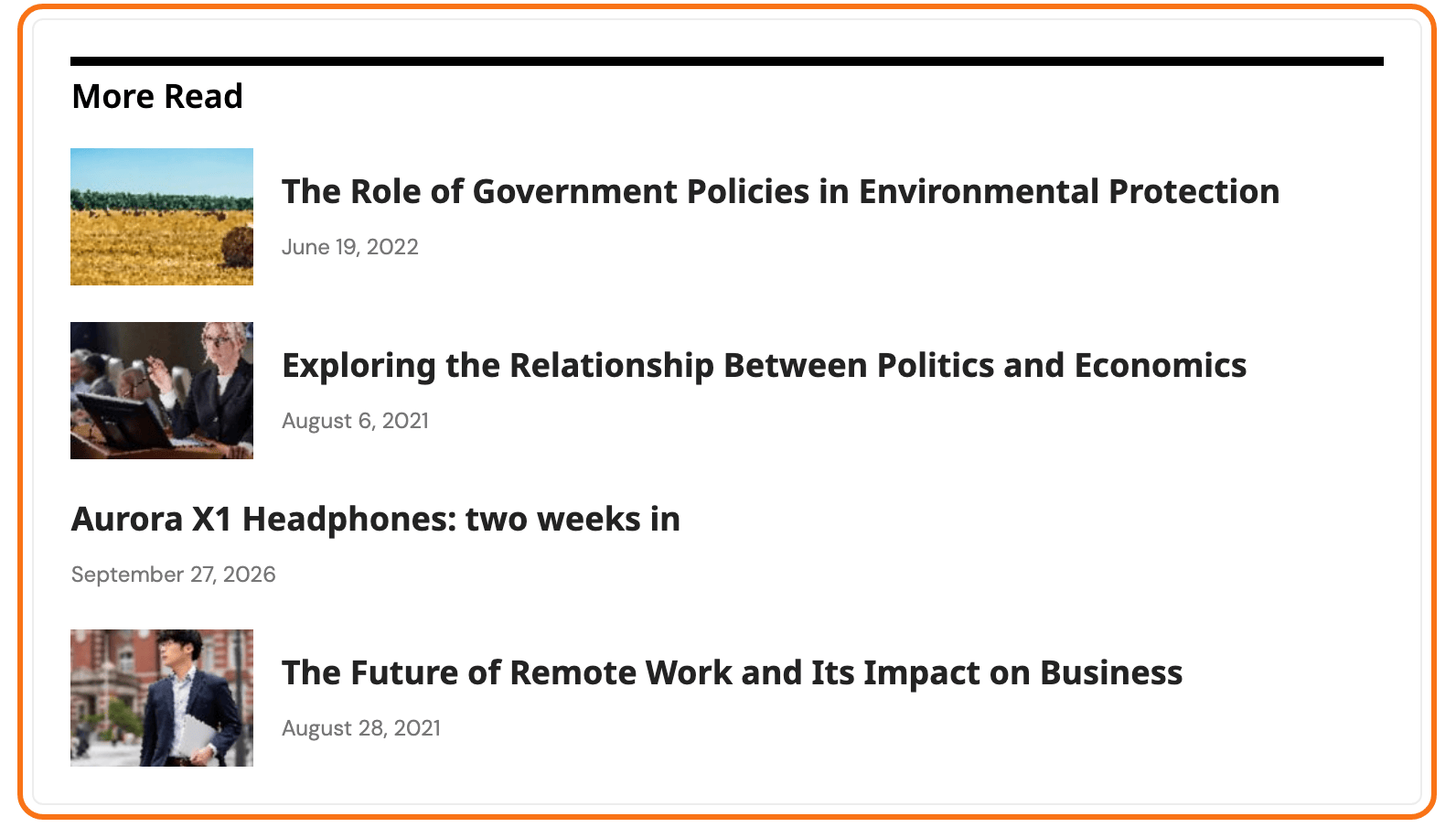 A related box with layout="2" on a post, outlined in orange: the heading More Read above every post with a small thumbnail and its date.