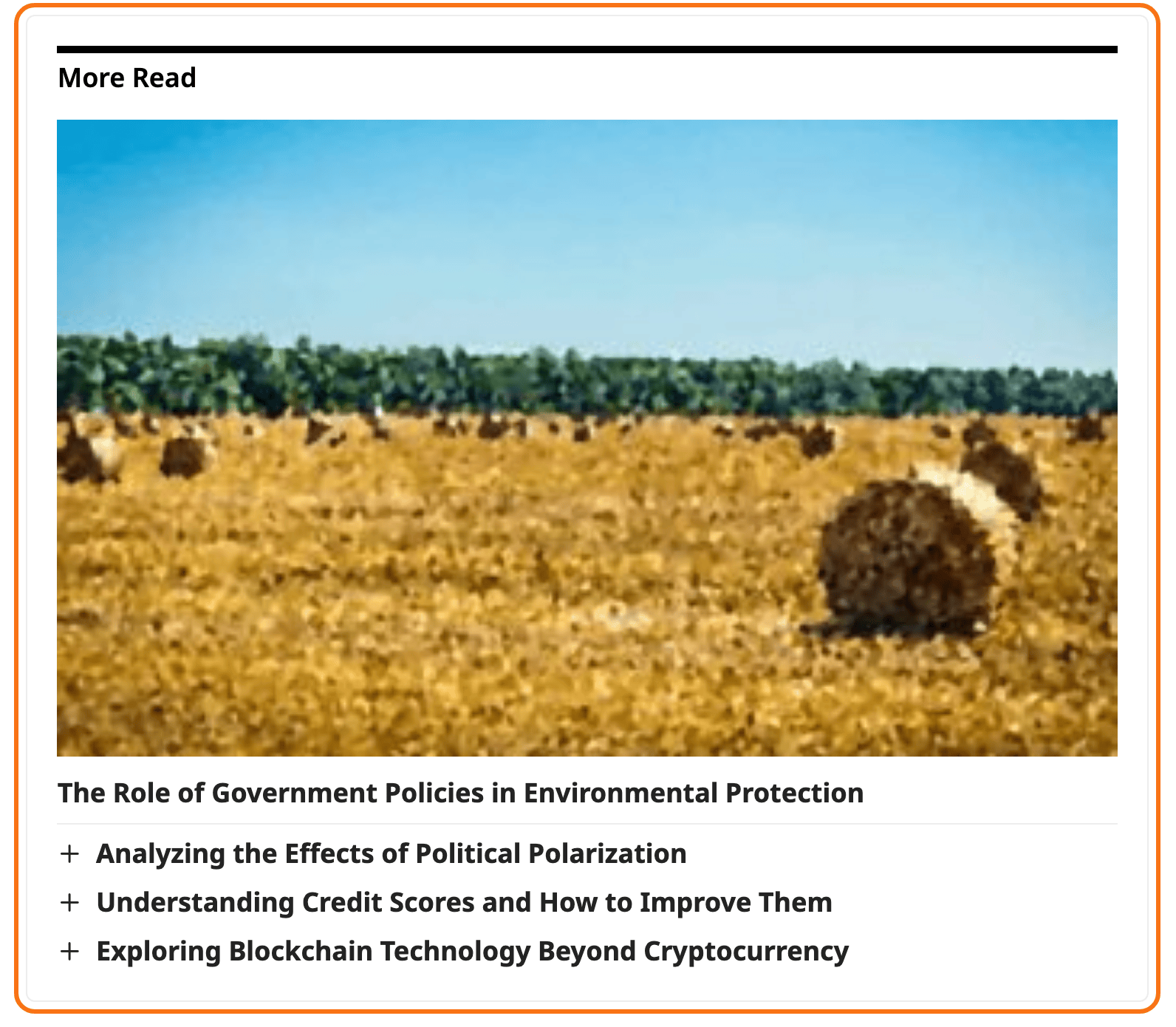 A related box with layout="3" on a post, outlined in orange: the heading More Read above the first post as a card with a large image, the other three as title links.