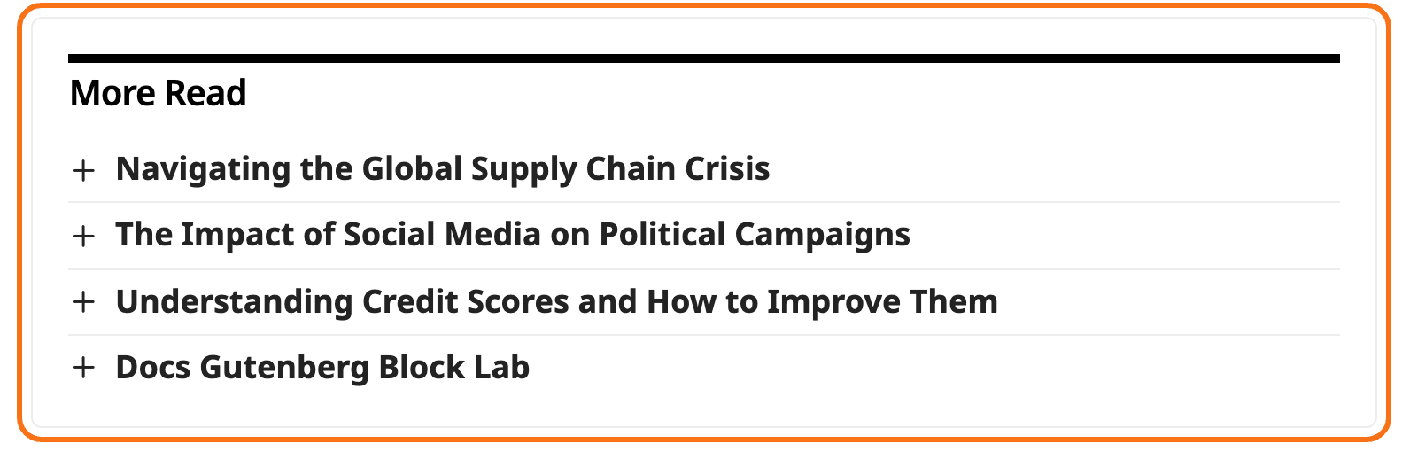 A related box with layout="4" on a post, outlined in orange: the heading More Read above four titles with no images, a thin line between them.