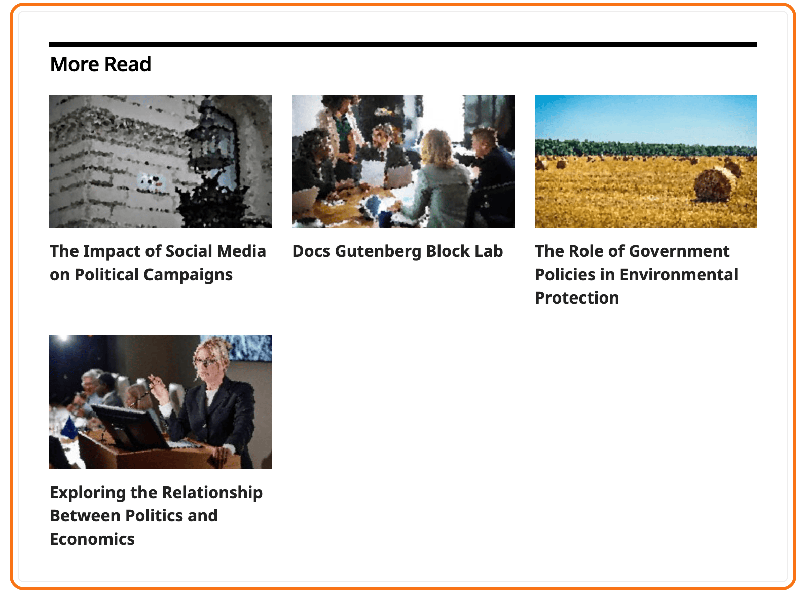 A related box with layout="6" on a post, outlined in orange: the heading More Read above image cards, three per row.