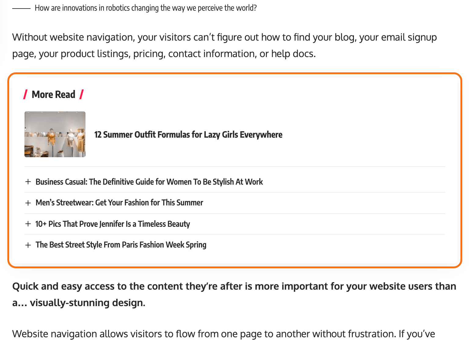 A More Read related box inside a post on the Foxiz Default demo: the first related post with a thumbnail and the rest listed as links