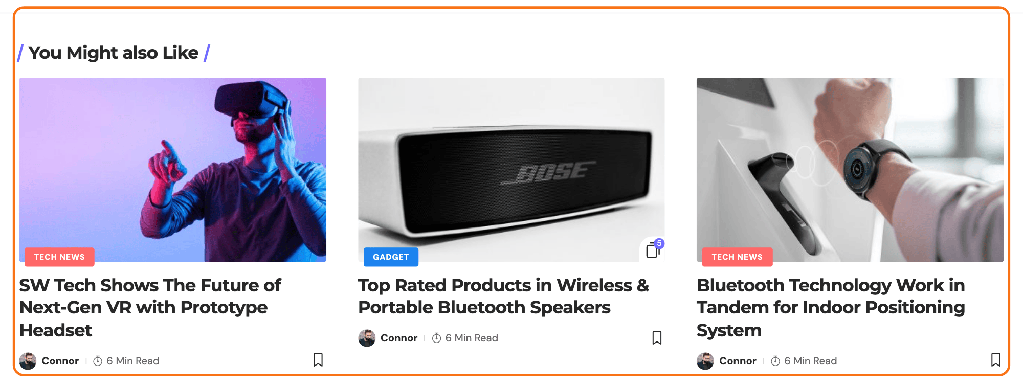 The related section at the end of a post on the Tech demo, outlined in orange: the You Might also Like heading above a row of related posts, each with its image, category label, title and meta