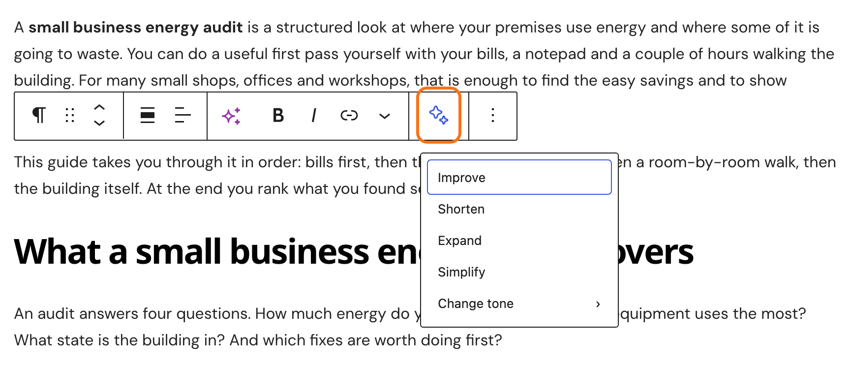 A paragraph selected in the editor, its toolbar's Foxiz Rewrite with AI button (the blue sparkle after the More arrow) outlined and open on Improve, Shorten, Expand, Simplify and Change tone; the pink sparkle left of Bold is Elementor's AI