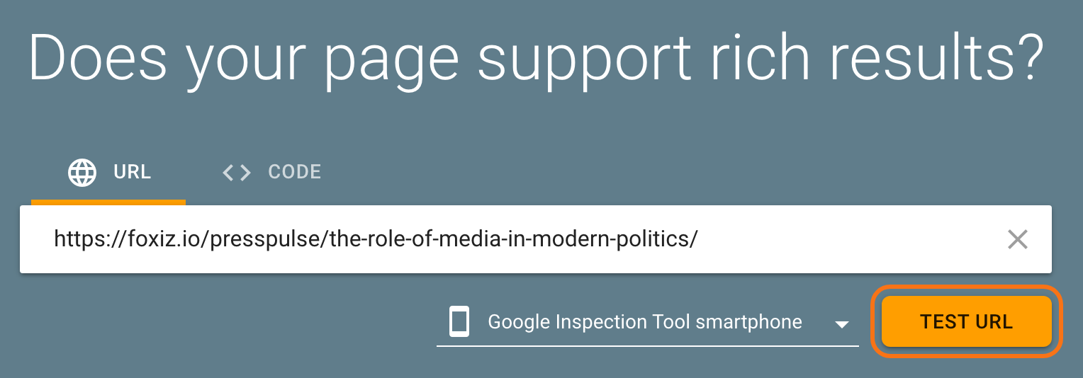 Google's Rich Results Test with the URL tab selected, a Foxiz post URL typed in and the TEST URL button outlined