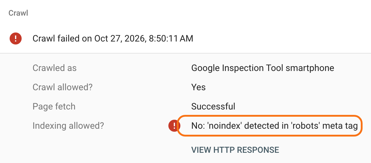 The Crawl details of the same test opened: Crawl allowed Yes, Page fetch Successful, and Indexing allowed outlined, reading No: 'noindex' detected in 'robots' meta tag
