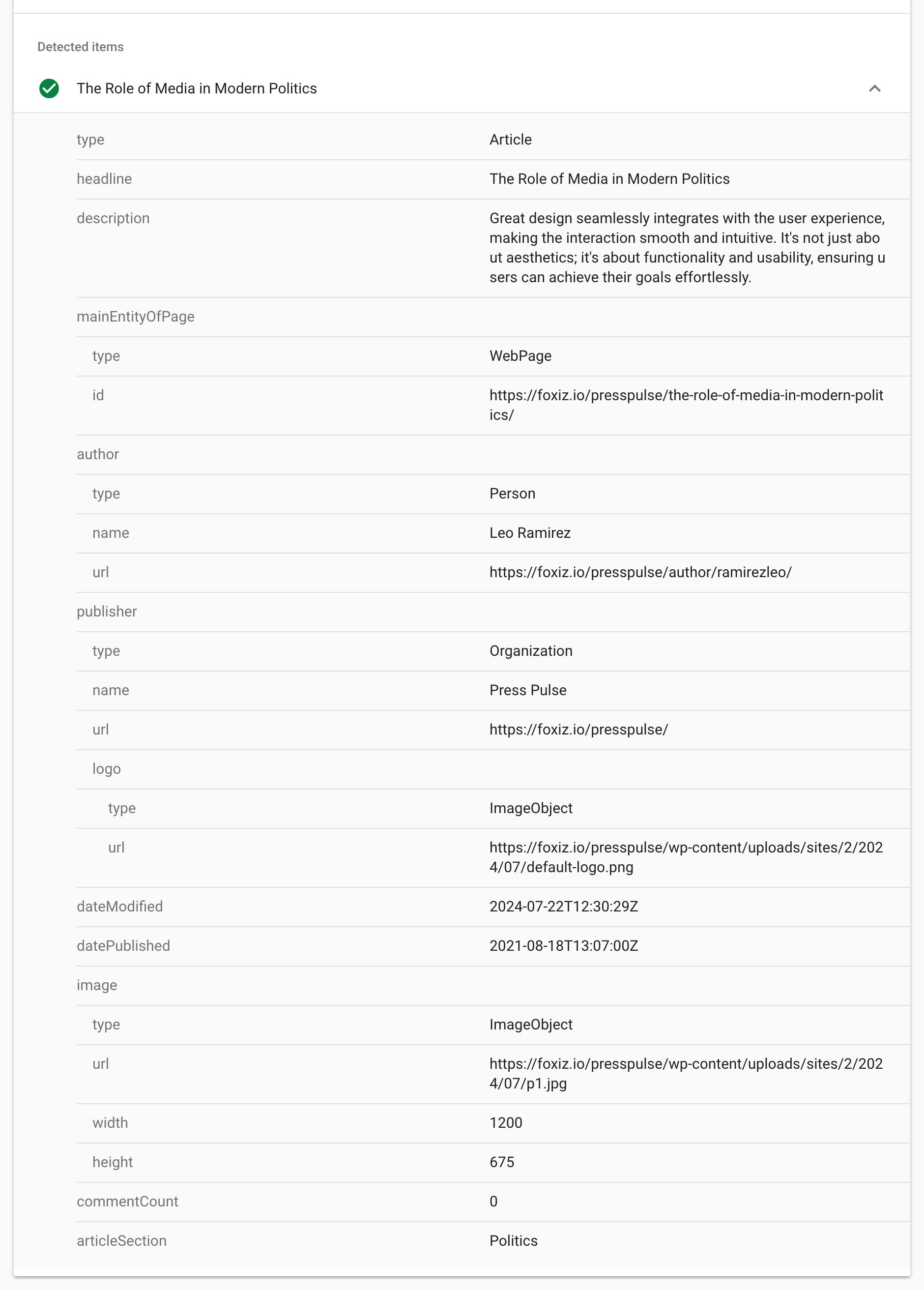 The Articles item of the same test opened under Detected items: type Article, headline, description, mainEntityOfPage, author Person with name and url, publisher Organization with logo, dateModified, datePublished, image, commentCount and articleSection