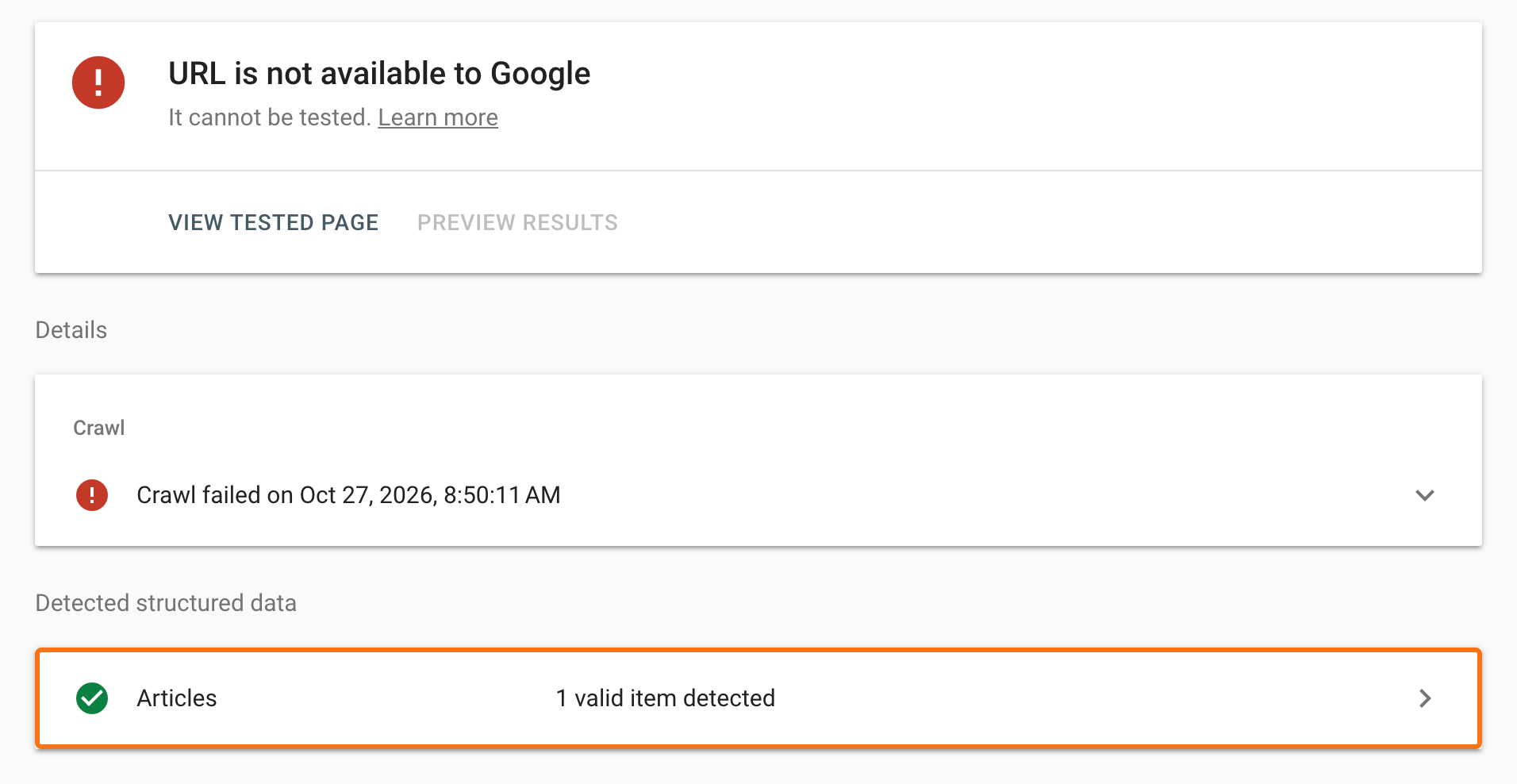 Rich Results Test result for a Foxiz demo post: URL is not available to Google at the top, and under Detected structured data the Articles row, 1 valid item detected, outlined