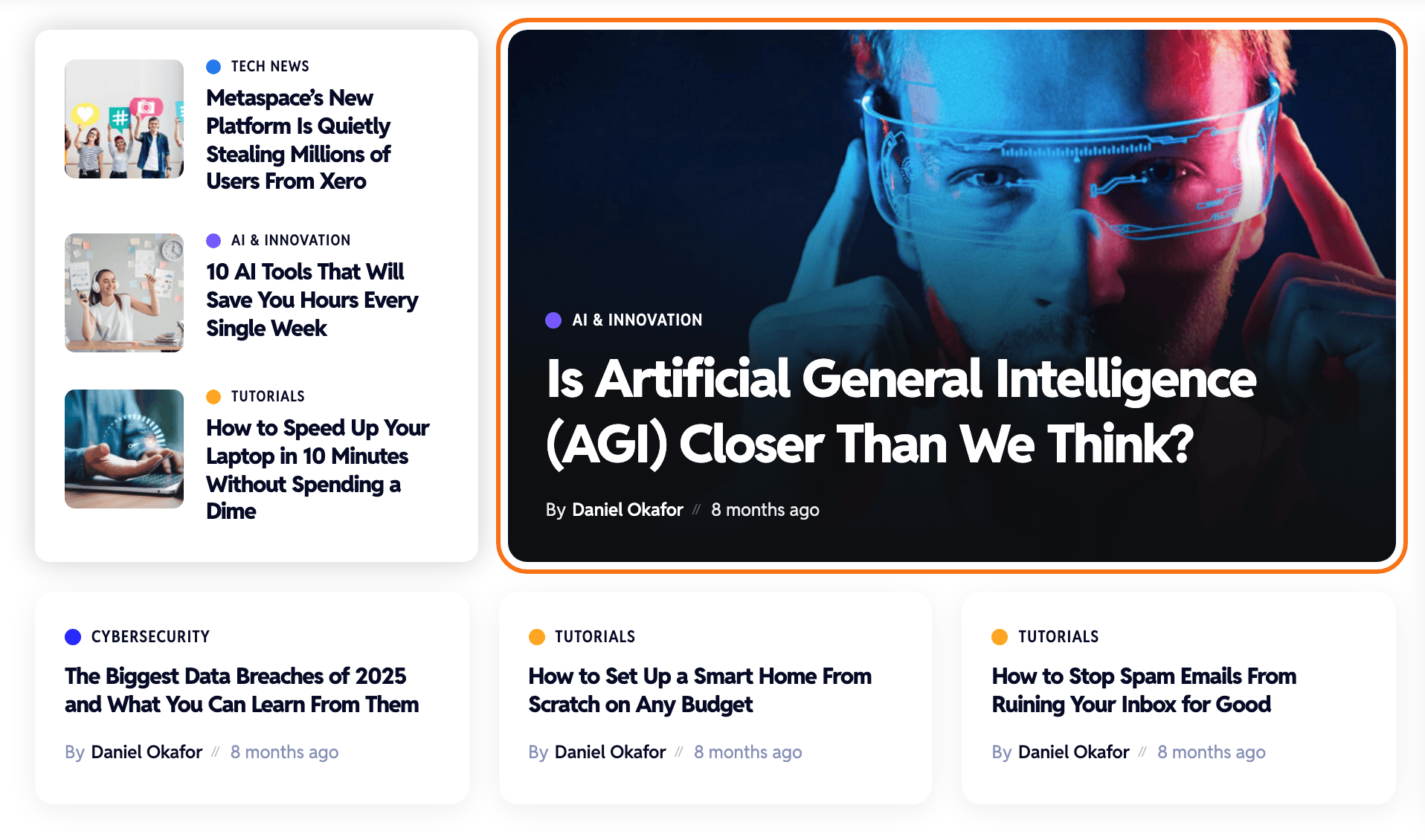 A row of post cards and boxes on the Digital Haven demo, all with clearly rounded corners, the large overlay post card in the middle outlined in orange