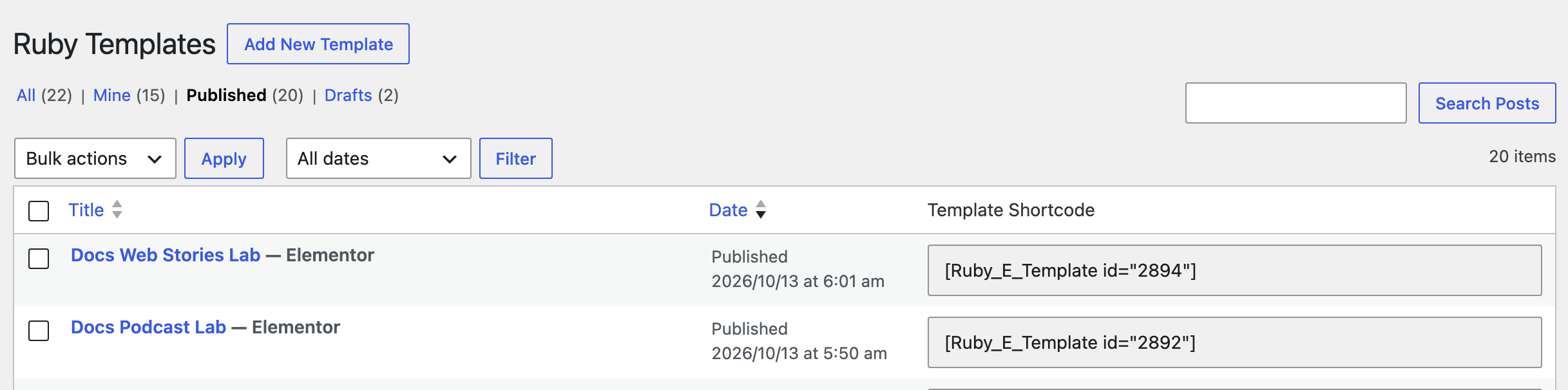 The Ruby Templates screen, with the Add New Template button beside the heading and the Template Shortcode column beside each template