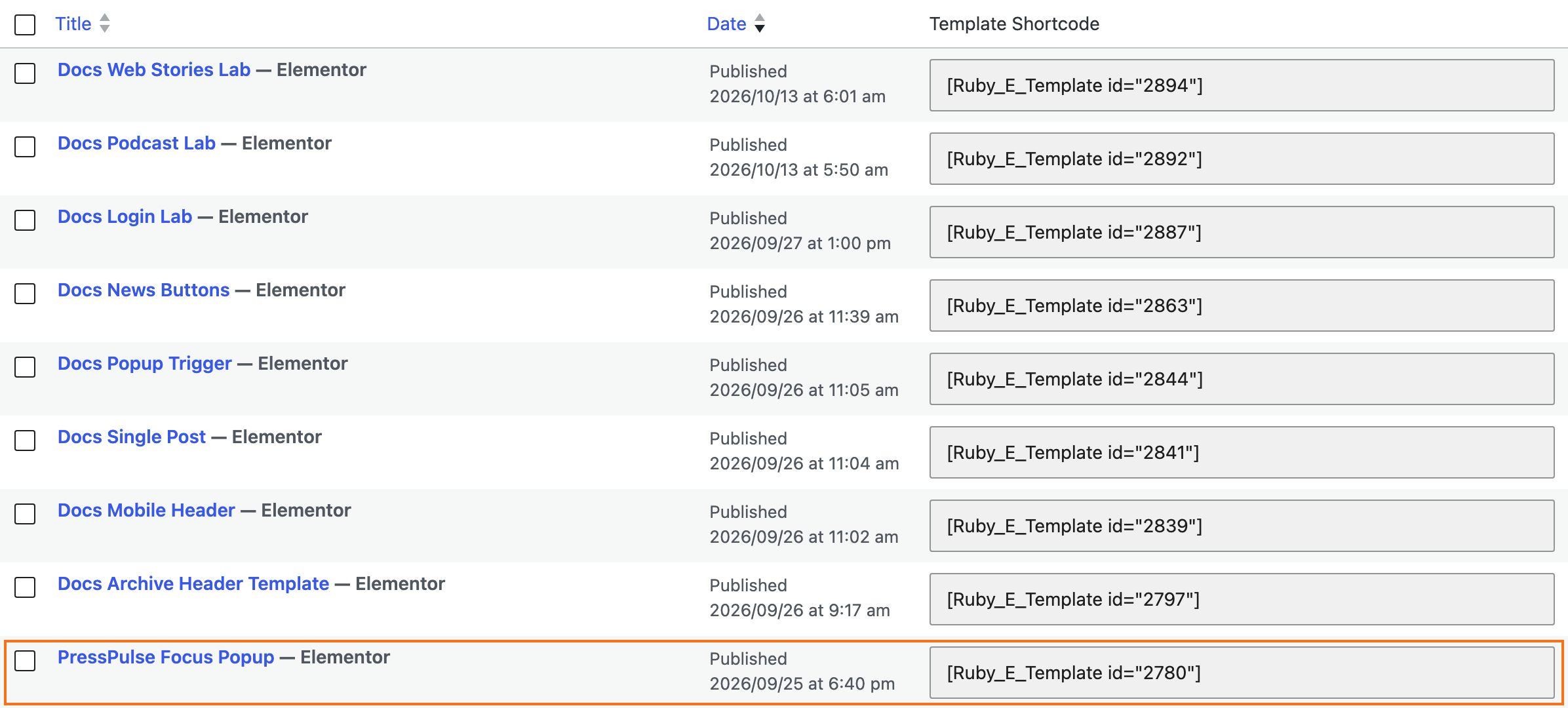 The Ruby Templates list with the Template Shortcode column beside each row, the popup template's row outlined