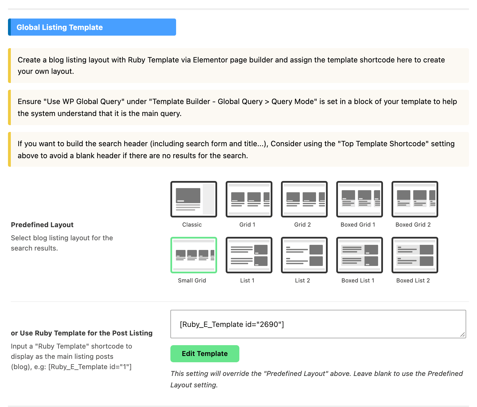 The Global Listing Template group on the Search Page panel, with a shortcode in or Use Ruby Template for the Post Listing