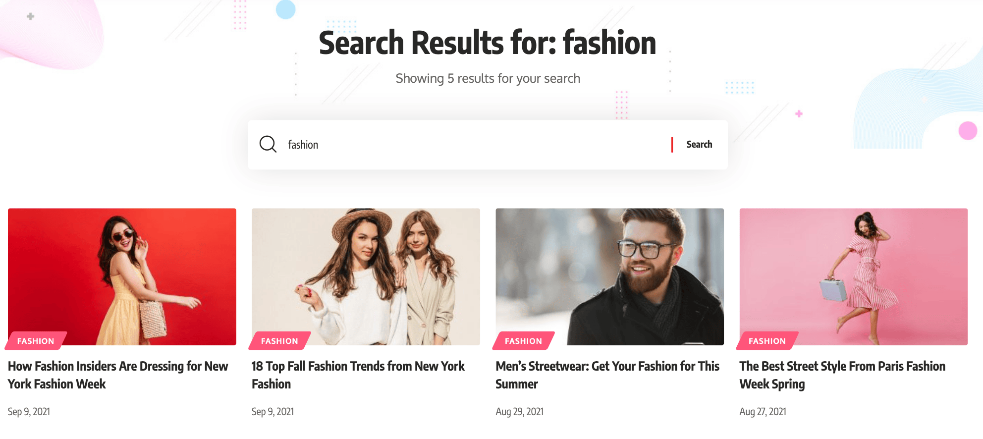 The search results page of the Default demo for fashion: the Search Results for: fashion header with the result count and the search form, then the first row of results in Small Grid