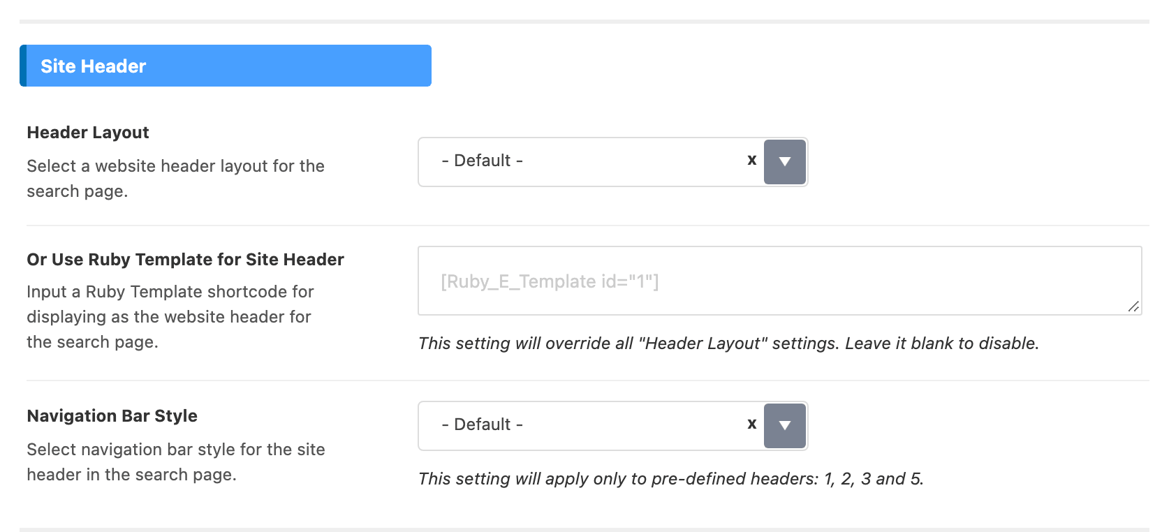 The Site Header group of Theme Options > Search Page, showing Header Layout, Or Use Ruby Template for Site Header and Navigation Bar Style