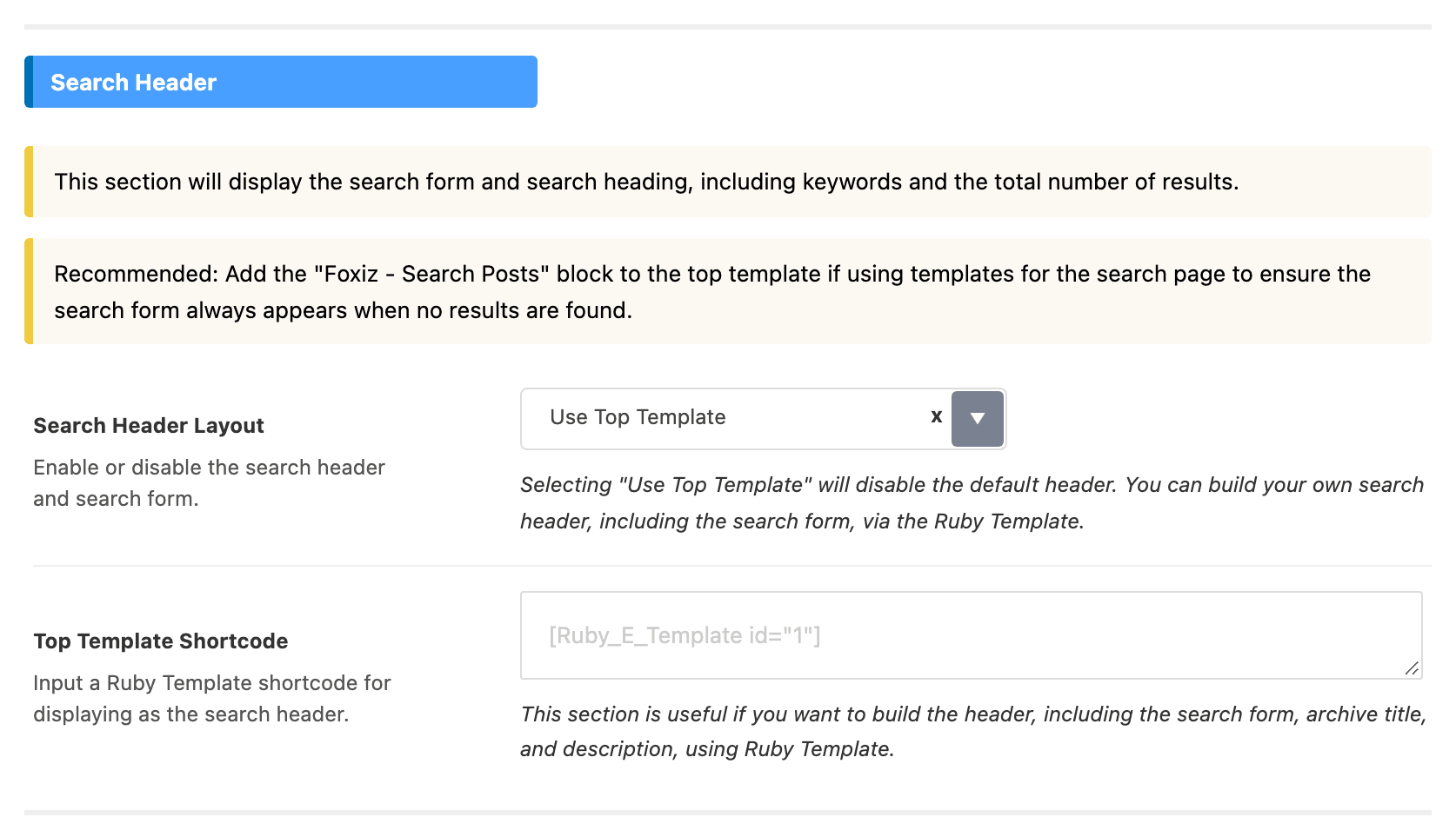 The Search Header group of Theme Options > Search Page with Search Header Layout on Use Top Template, which reveals the Top Template Shortcode field