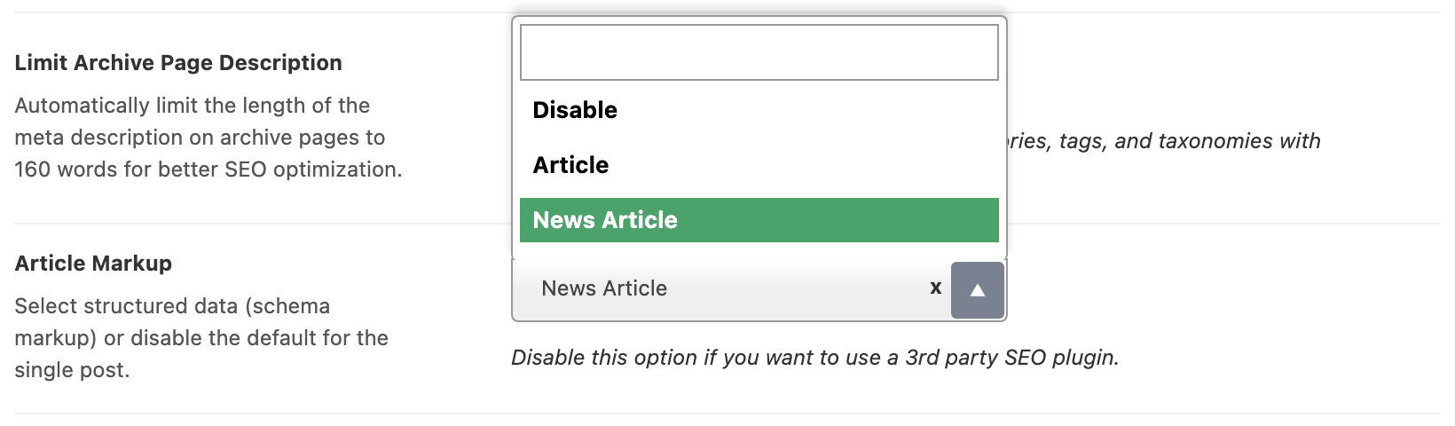 The Article Markup dropdown open, offering Disable, Article and News Article, with News Article selected