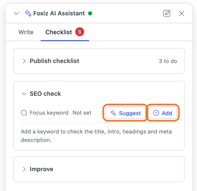 The Checklist tab with SEO check open on a post with no focus keyword: Focus keyword Not set, with the Suggest and Add buttons outlined, and the line Add a keyword to check the title, intro, headings and meta description