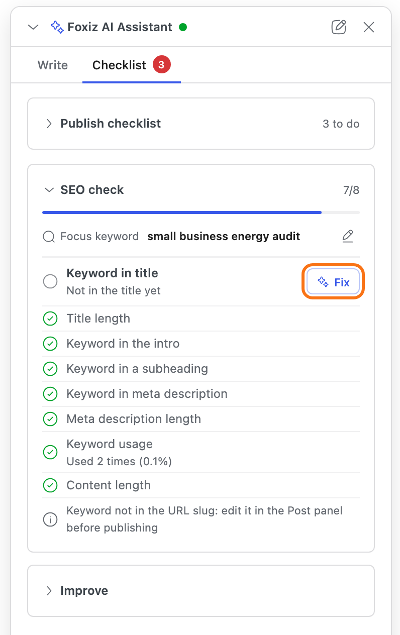 SEO check 7/8 for the focus keyword small business energy audit: Keyword in title not met, Not in the title yet, with its Fix button outlined, ticks on the other seven checks, and the note that the keyword is not in the URL slug