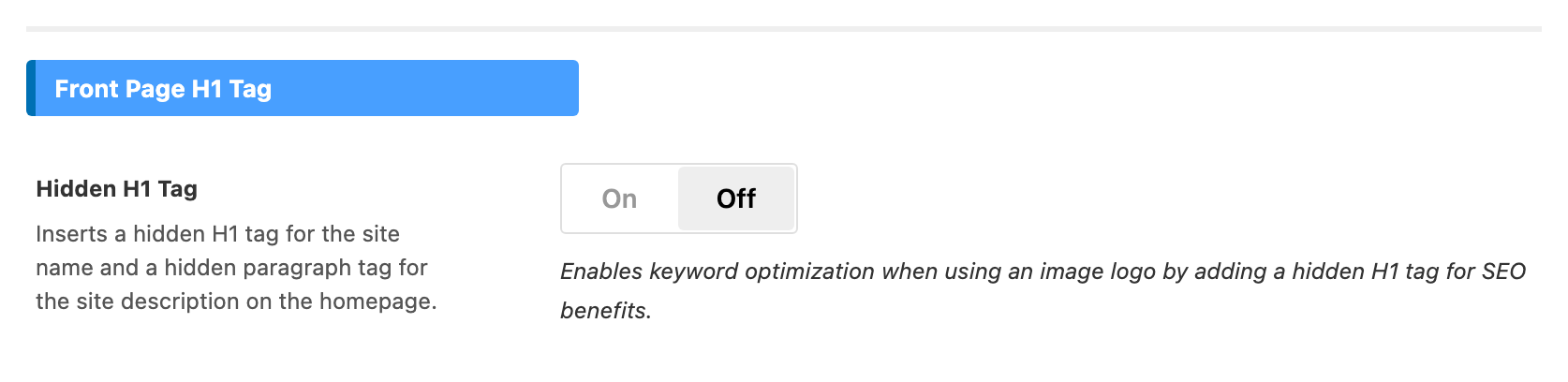 The Front Page H1 Tag group of Theme Options > SEO Optimized, with the Hidden H1 Tag switch turned Off