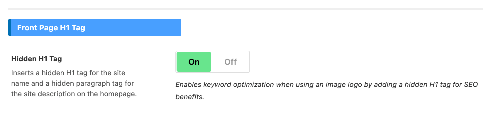 The Front Page H1 Tag group of Theme Options > SEO Optimized, with the Hidden H1 Tag switch on