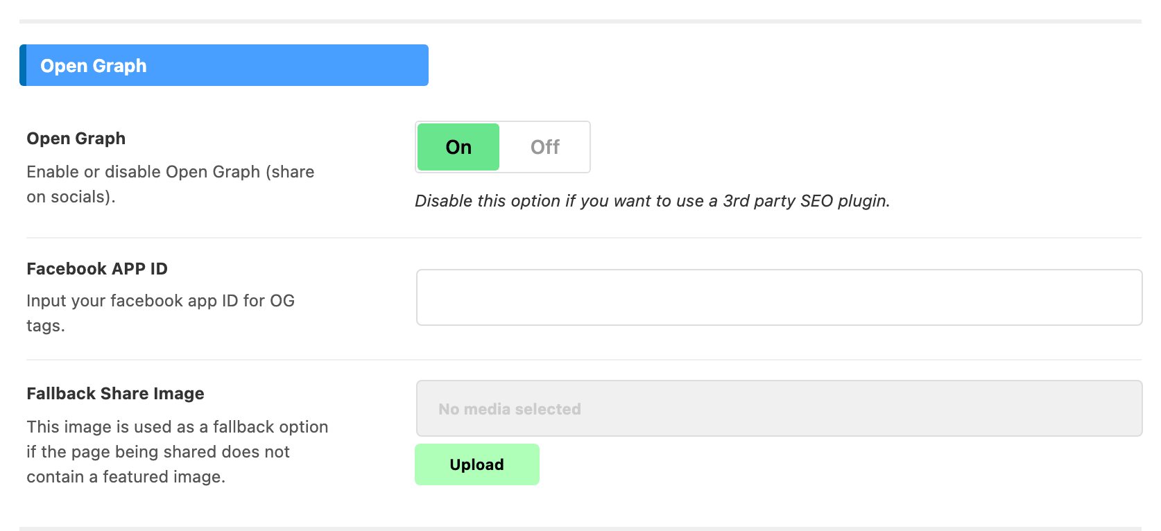 The Open Graph group with the Open Graph switch On, above the empty Facebook APP ID field and the Fallback Share Image uploader