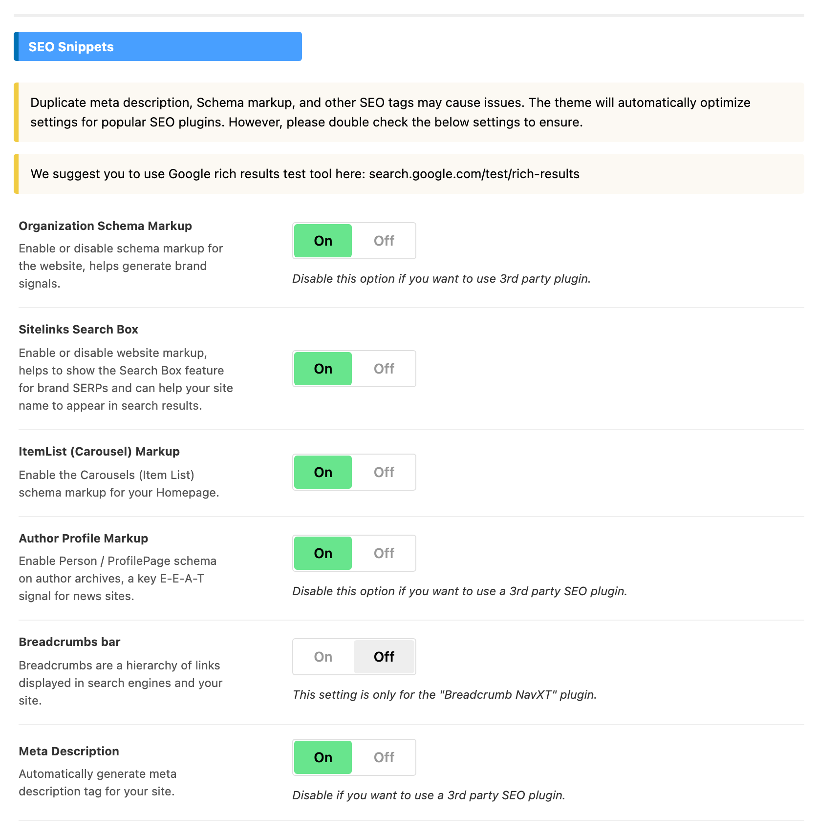 The SEO Snippets group of the SEO Optimized panel at its defaults: every markup switch On except Breadcrumbs bar, which is Off