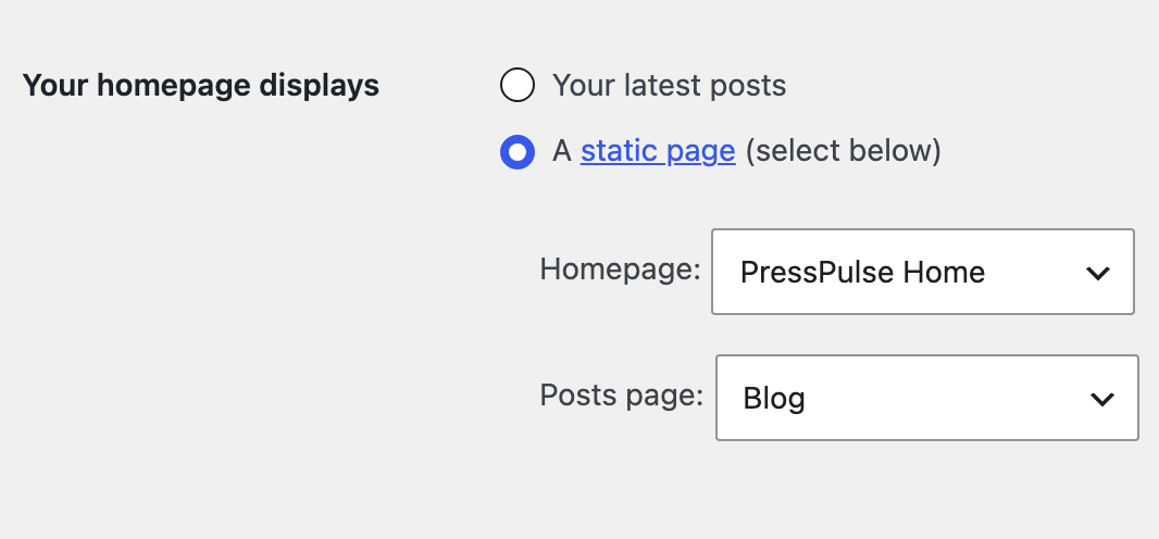 Your homepage displays on Settings > Reading, set to A static page with a page chosen in the Homepage dropdown