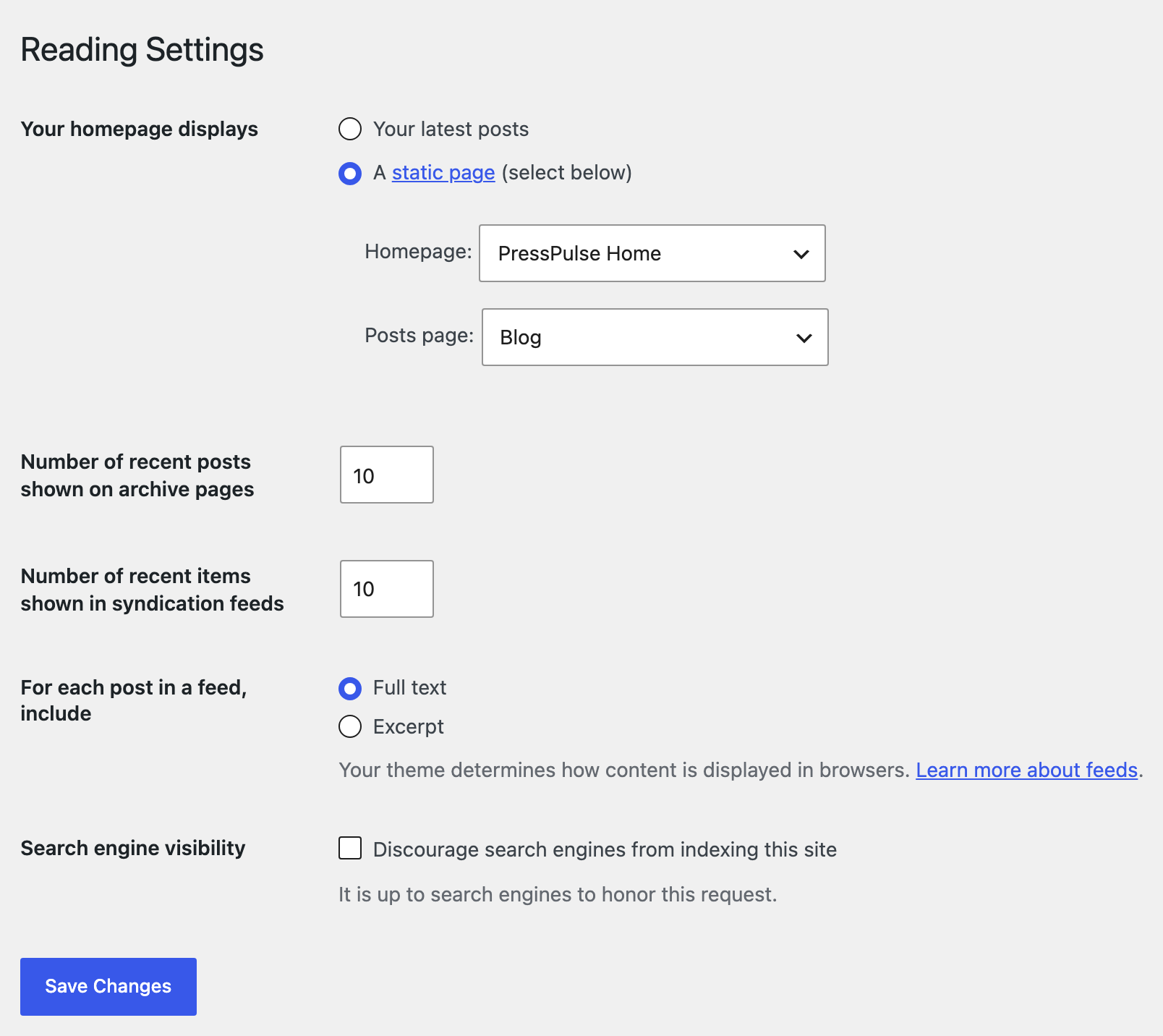 Settings > Reading: Your homepage displays on A static page (select below), Homepage on PressPulse Home and Posts page on Blog, Number of recent posts shown on archive pages at 10, and the Save Changes button