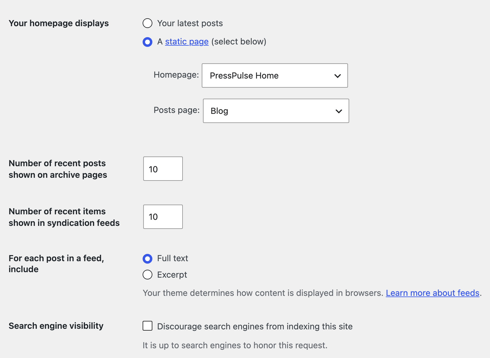 Settings > Reading, showing Your homepage displays with A static page selected and the Homepage dropdown below it