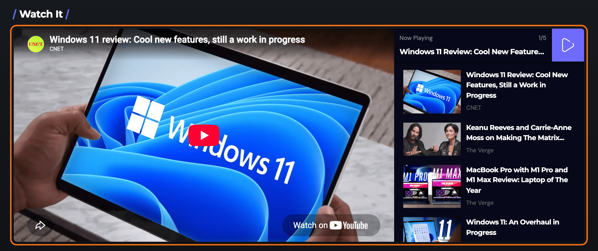 A Foxiz - Youtube Videos playlist on the Foxiz Tech demo: the current video on the left, Now Playing with a 1/5 counter and the list of the other videos on the right