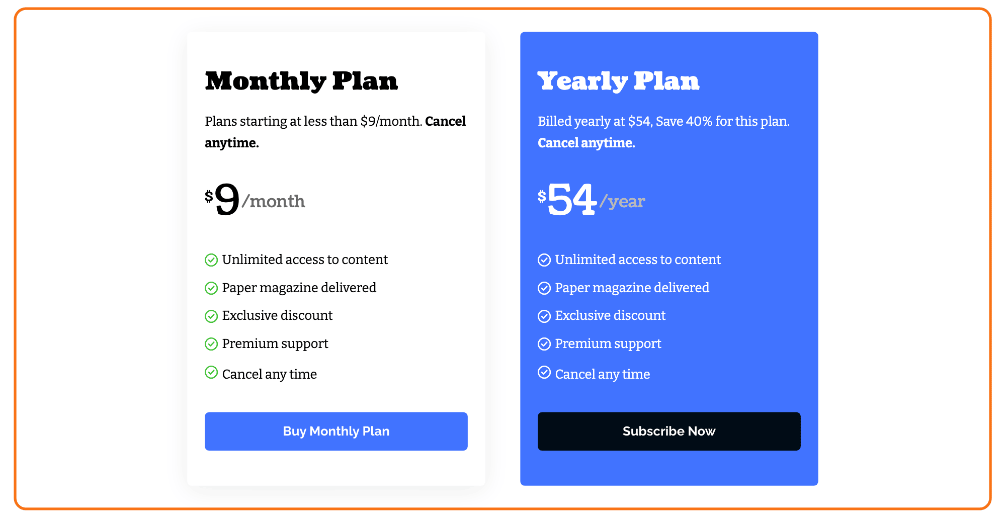 Two Foxiz - Plan Subscription blocks side by side on the Subscription demo's join page, outlined in orange: a Monthly Plan at $9 a month and a Yearly Plan at $54 a year, each with its feature list and buy button.