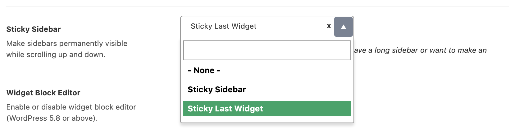The Sticky Sidebar list open in Theme Options > Sidebars on its three values: - None -, Sticky Sidebar and Sticky Last Widget.