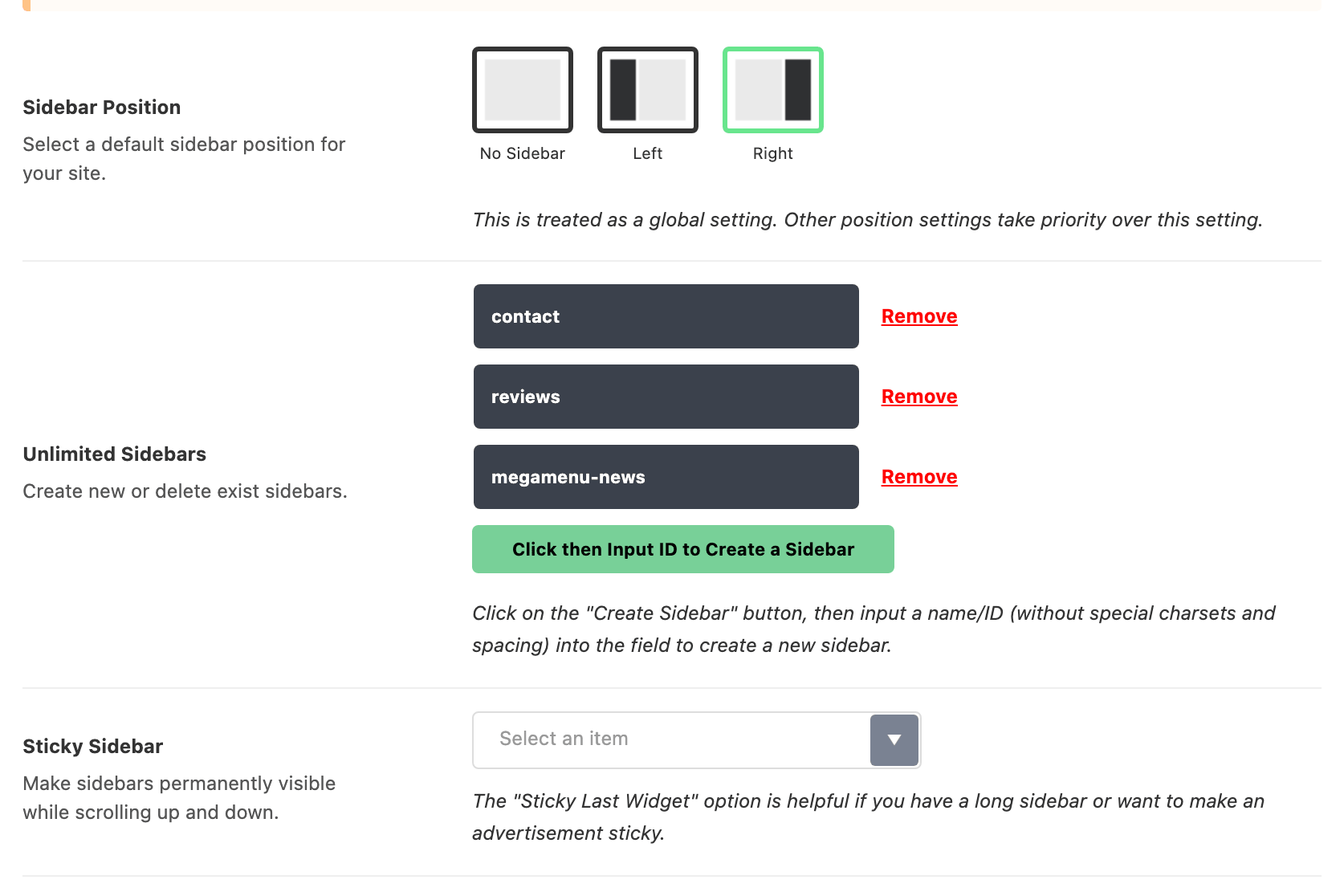 Theme Options > Sidebars with the Sticky Sidebar dropdown, which defaults to - None -