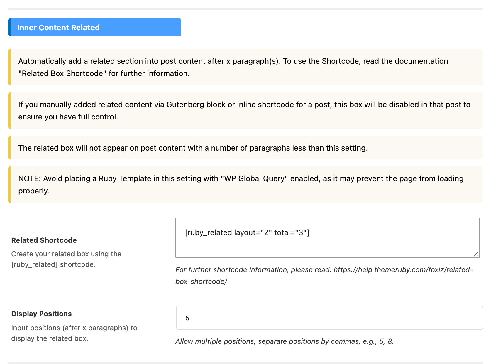 The Inner Content Related group of Theme Options > Single Post > Related & Popular, with its four notices above the Related Shortcode and Display Positions fields