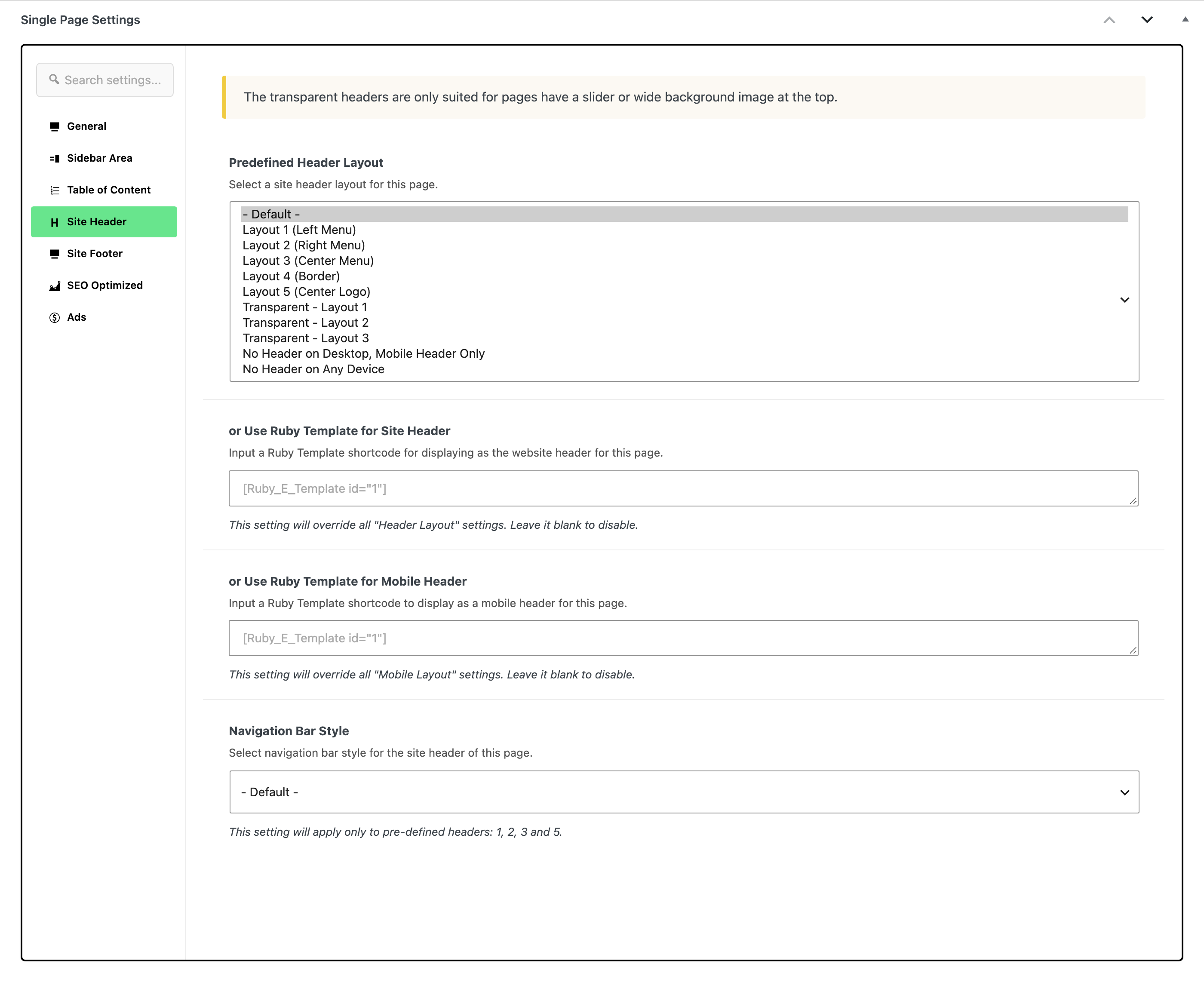 The Predefined Header Layout dropdown open on a page's Site Header tab, listing the numbered layouts, the three transparent layouts and the no header choices
