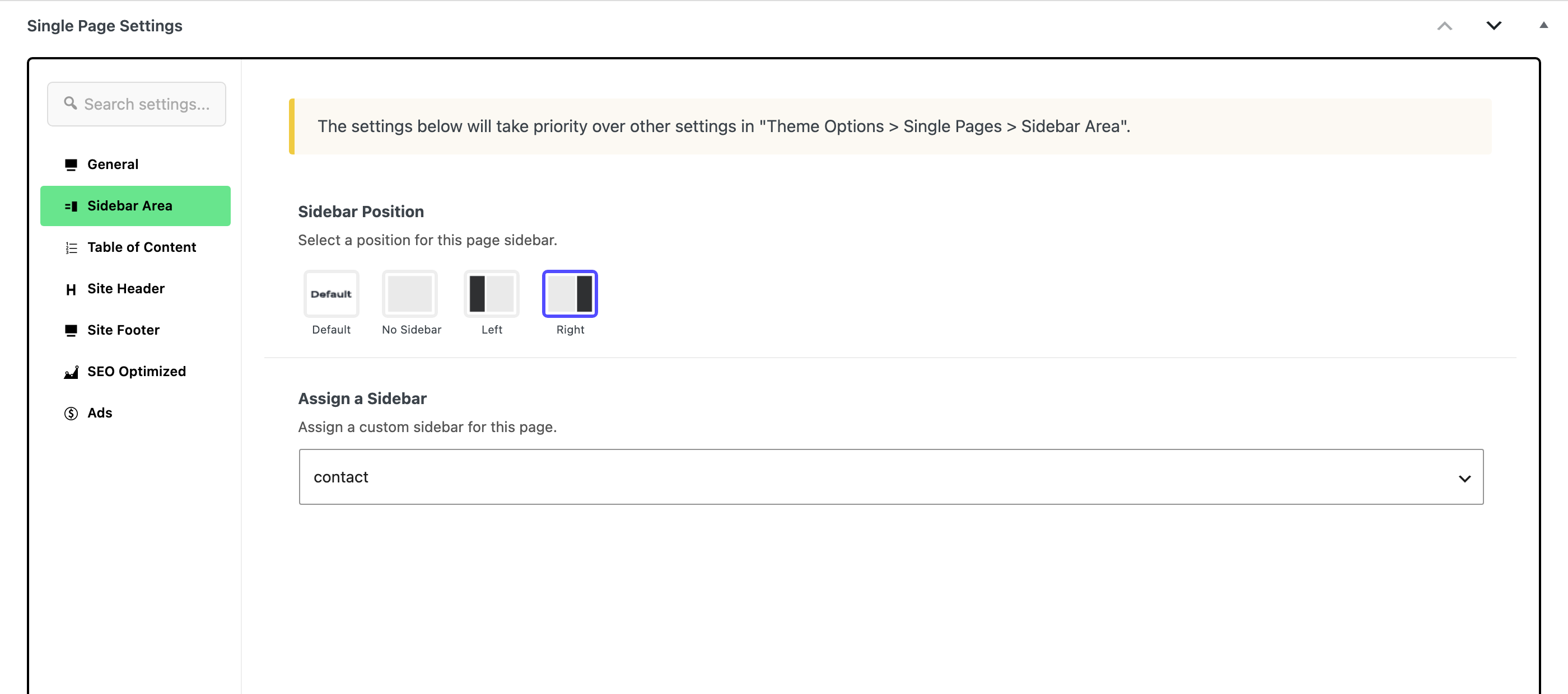 The Sidebar Area tab of Single Page Settings, with Sidebar Position on Right and the contact sidebar picked in Assign a Sidebar.