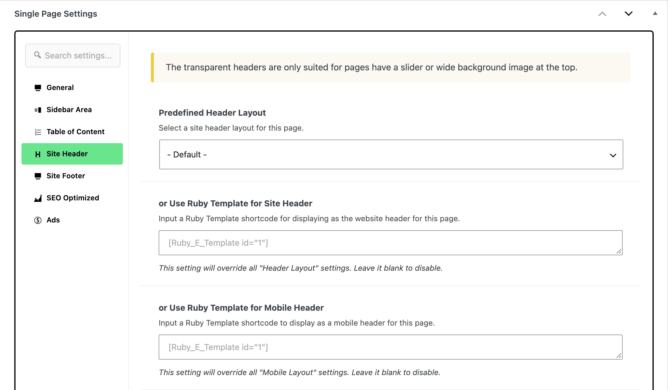 Single Page Settings with the Site Header tab selected: Predefined Header Layout, or Use Ruby Template for Site Header and or Use Ruby Template for Mobile Header