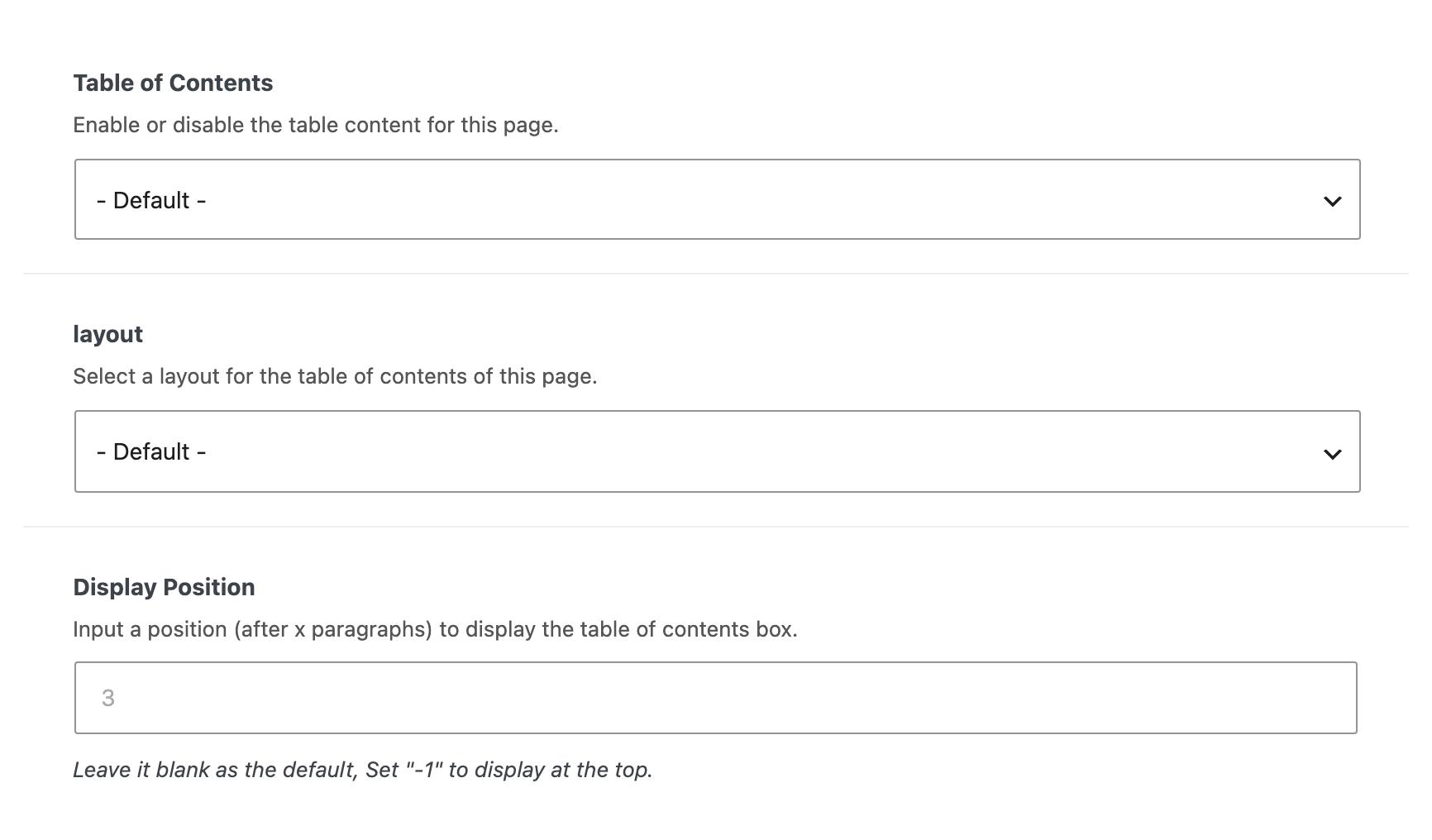 The Table of Content tab of Single Page Settings