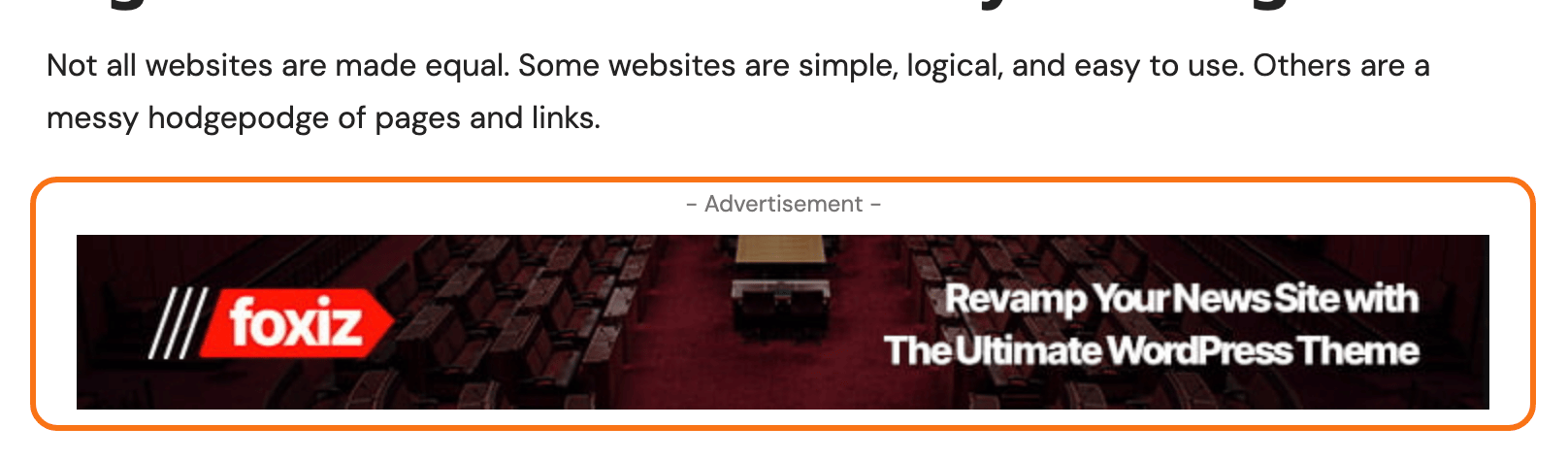 An inline ad between two paragraphs of a post, outlined in orange, with its - Advertisement - line.