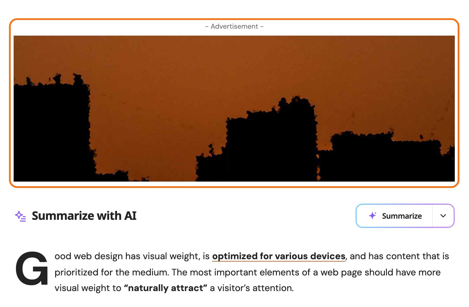 An advert above the first paragraph of a post, in the Single Content - Top Area, outlined in orange.