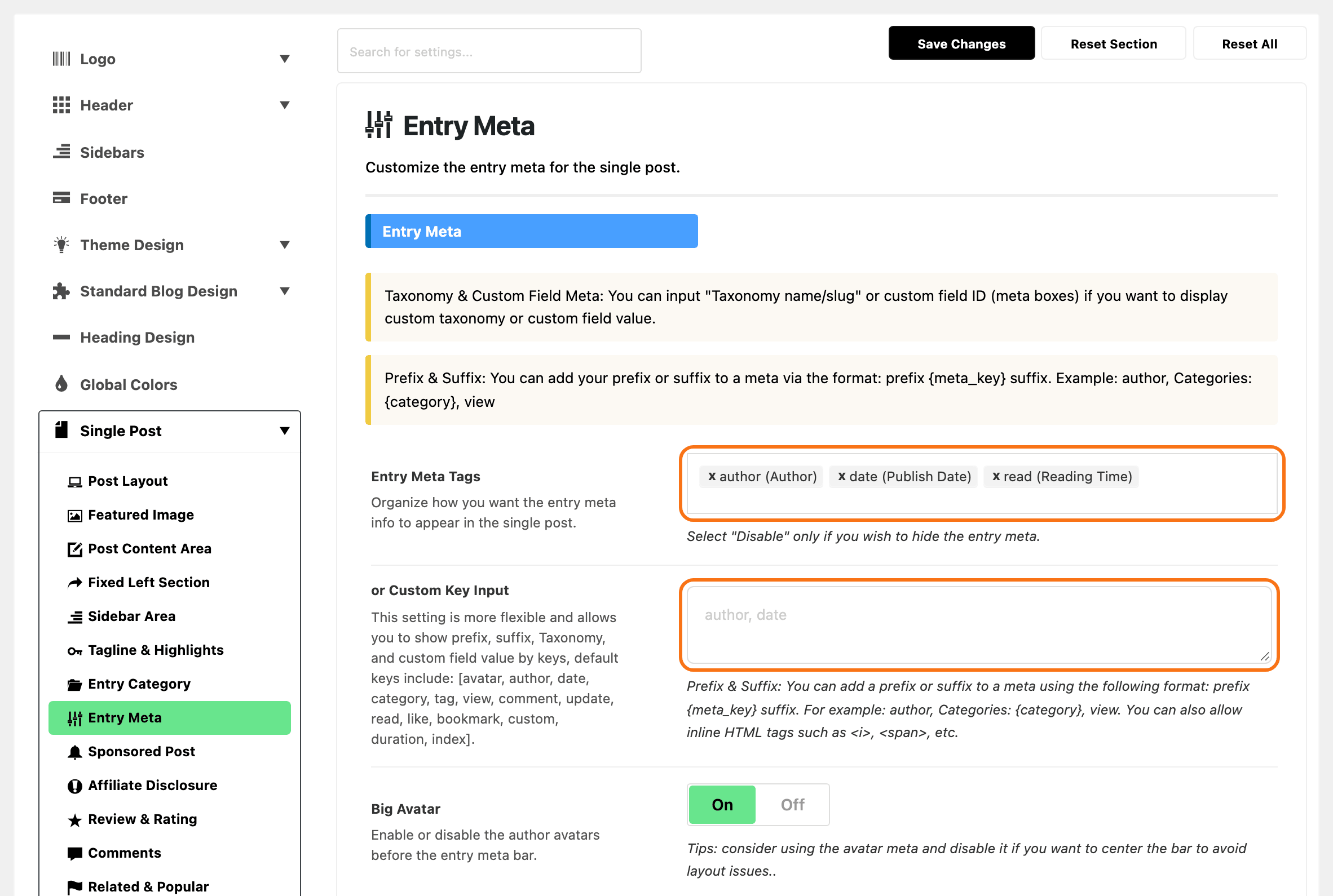 Theme Options with Single Post > Entry Meta highlighted in the section list, beside the Entry Meta group: Entry Meta Tags holding author, date and read, and or Custom Key Input empty below it, both outlined in orange.