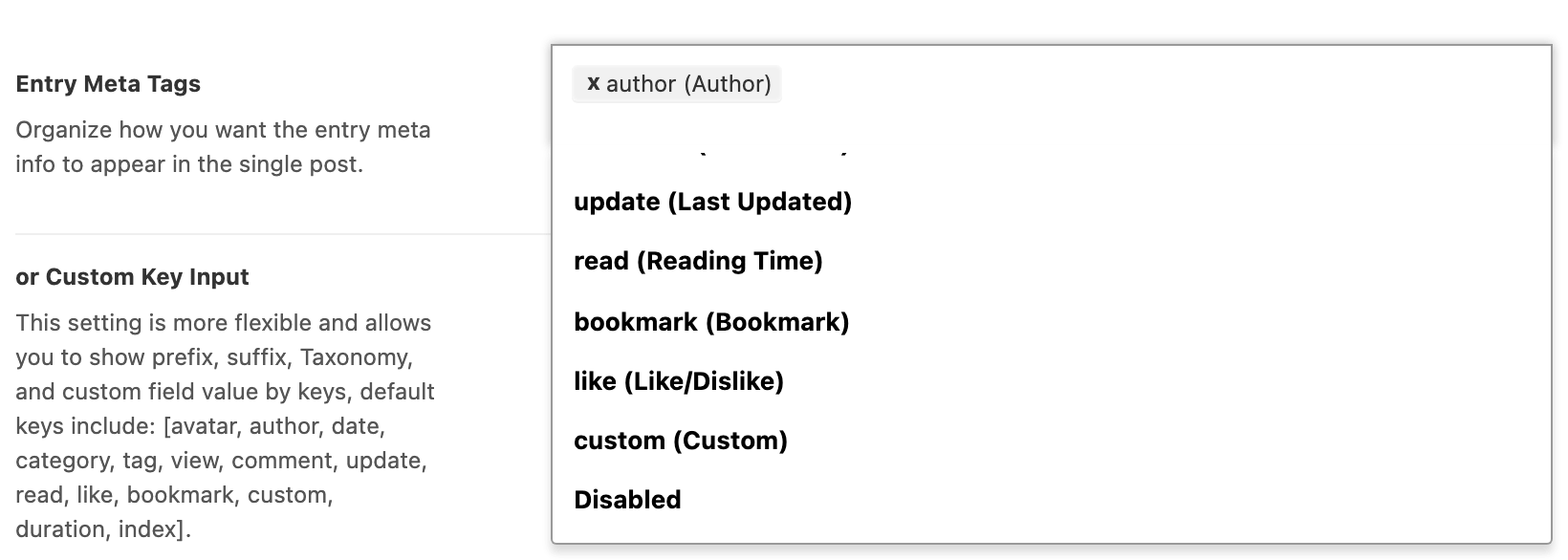 The Entry Meta Tags list scrolled to update (Last Updated), with read, bookmark, like, custom and Disabled below it