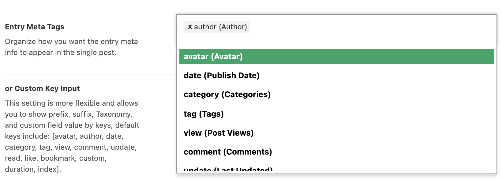 The Entry Meta Tags list open, offering avatar (Avatar), date (Publish Date), category (Categories), tag (Tags), view (Post Views), comment (Comments) and update (Last Updated)