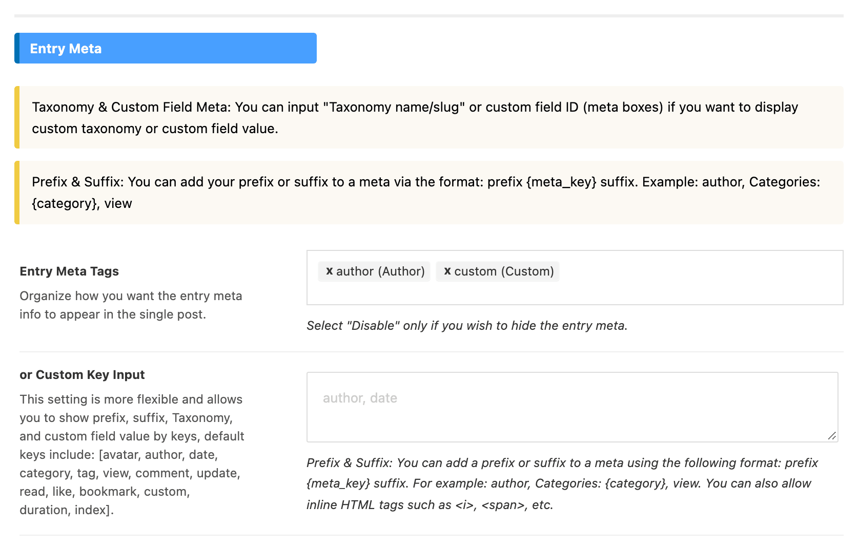Theme Options > Single Post > Entry Meta, with the Entry Meta Tags field holding author and custom