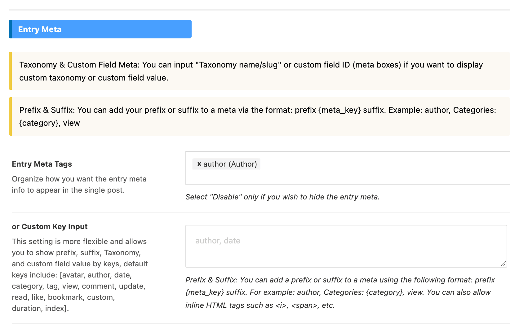 The Entry Meta group of the Single Post panel, showing Entry Meta Tags holding author (Author) and an empty or Custom Key Input box