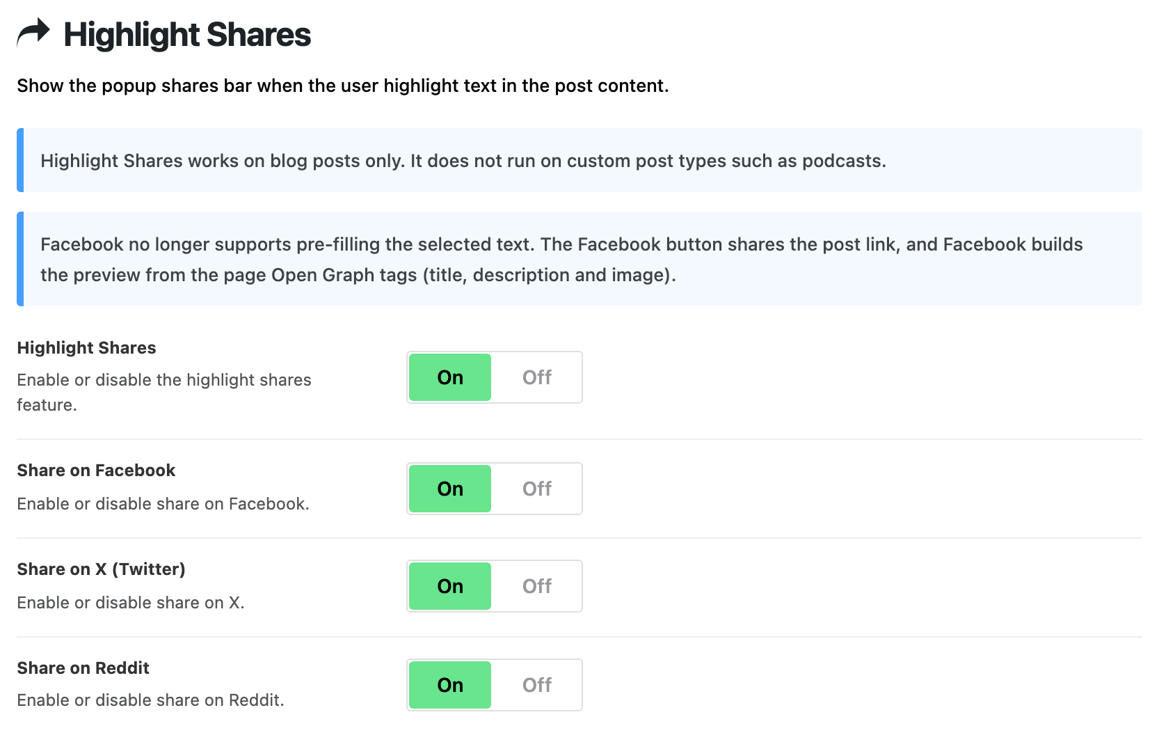 Single Post > Highlight Shares with Highlight Shares on and the Share on Facebook, Share on X (Twitter) and Share on Reddit switches below it