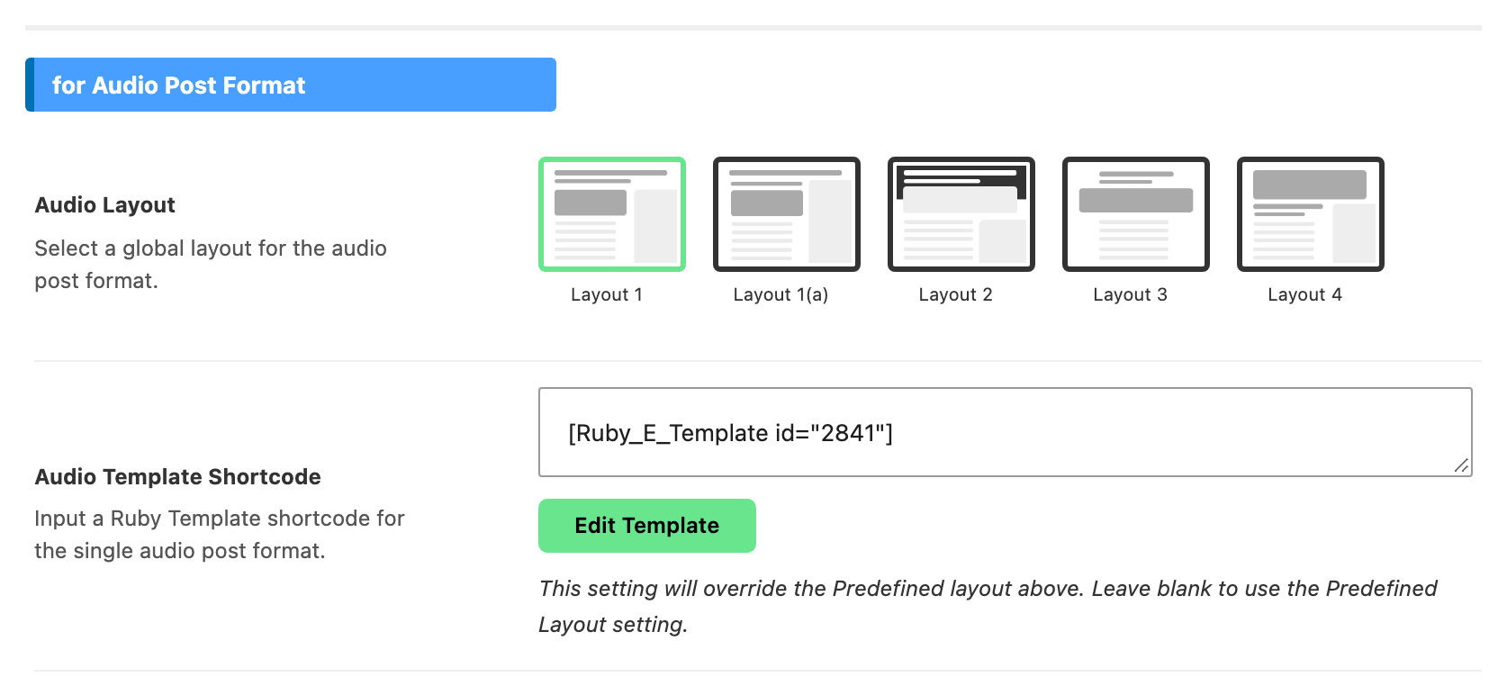 The for Audio Post Format group, with Audio Template Shortcode below the Audio Layout picker