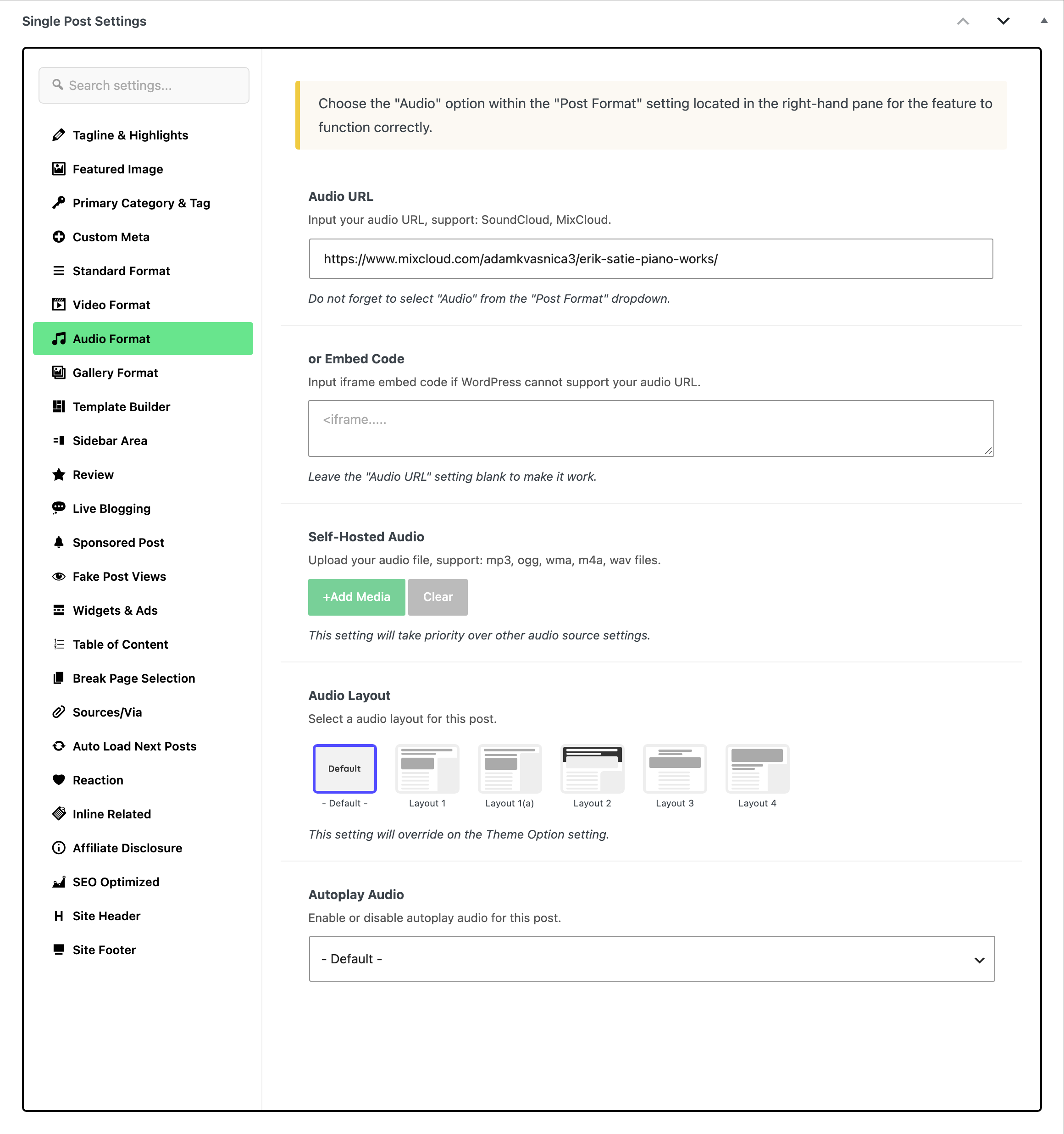 The Single Post Settings box with the Audio Format tab open: a Mixcloud link in Audio URL, then or Embed Code, Self-Hosted Audio, Audio Layout and Autoplay Audio on - Default -