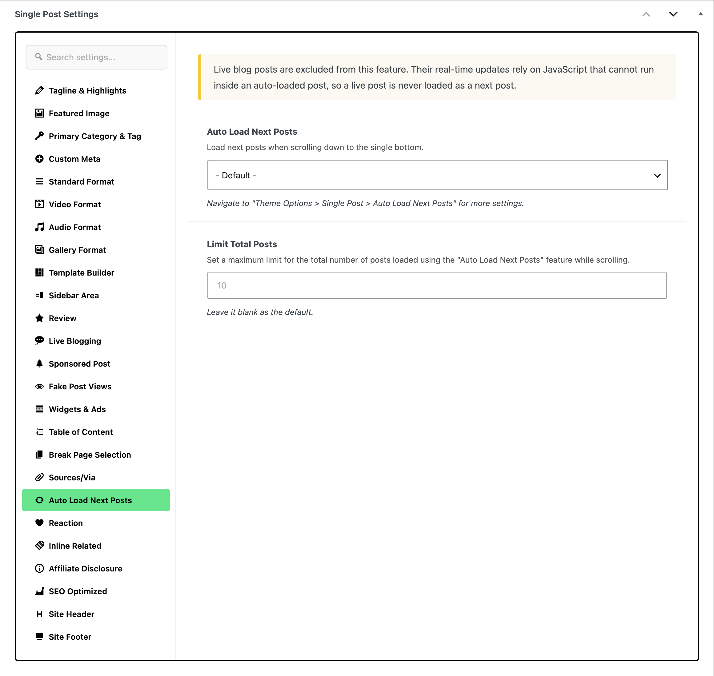 The Single Post Settings box with the Auto Load Next Posts tab open: Auto Load Next Posts on - Default - and Limit Total Posts showing a grey 10 placeholder