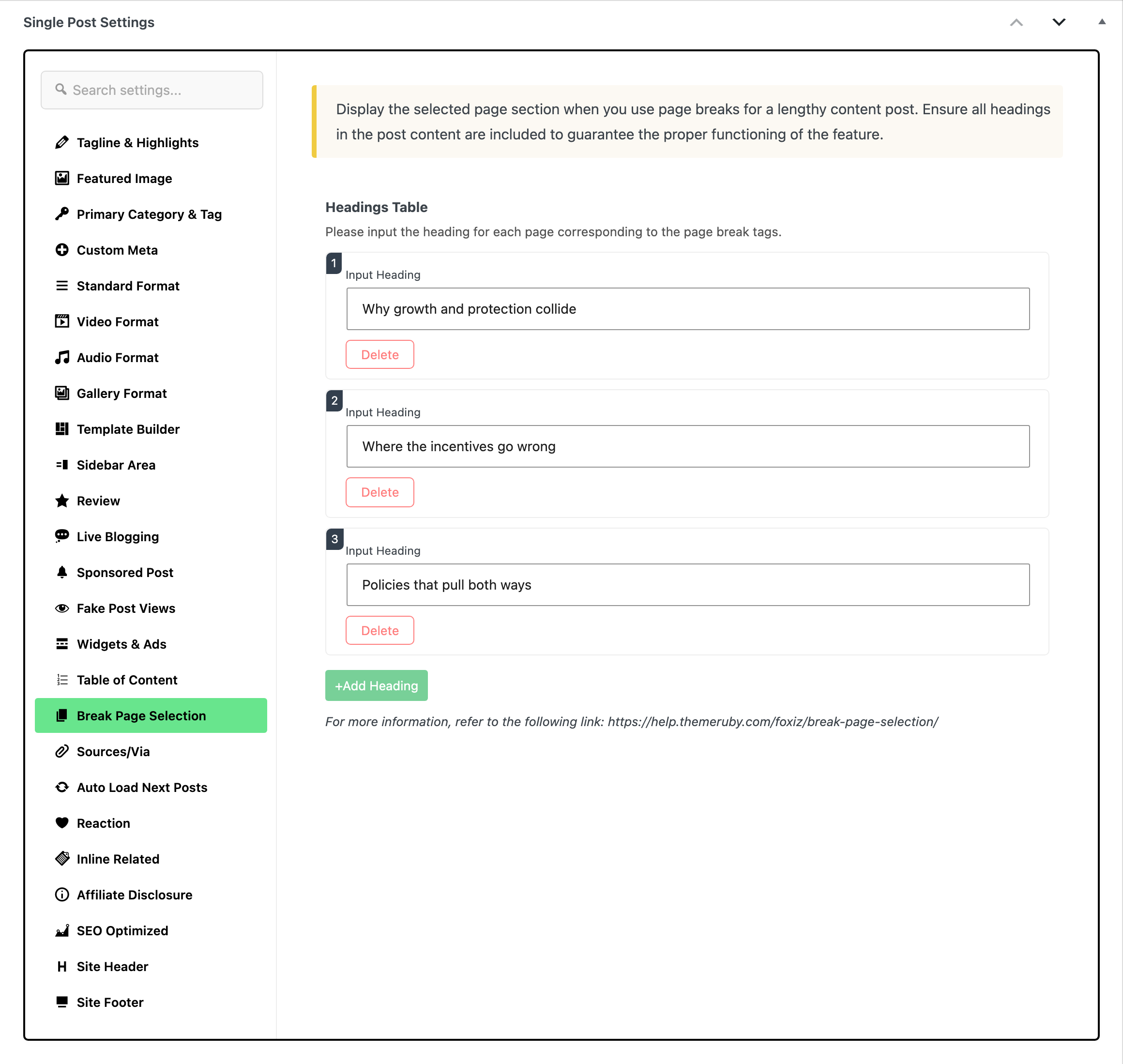The Single Post Settings box with the Break Page Selection tab open: Headings Table with three Input Heading rows, one per page, and the +Add Heading button