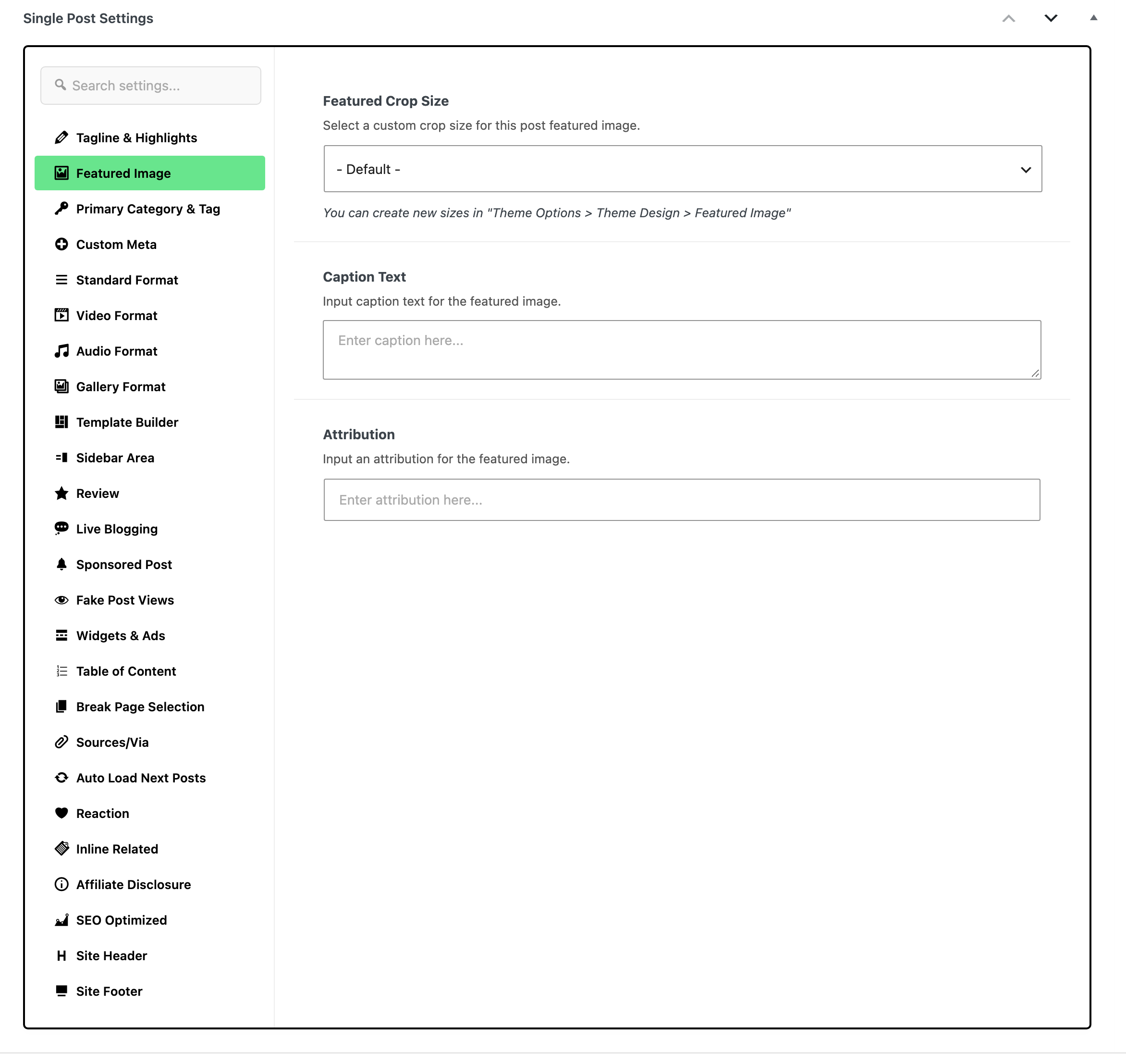 The Featured Image tab of the Single Post Settings box, with Featured Crop Size on - Default -